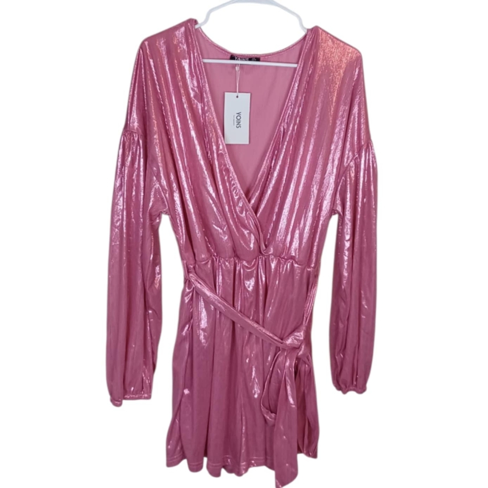 Yoins (Your Inspirations) Pink Metallic Long Sleeve Romper Size XXL (16) NWT